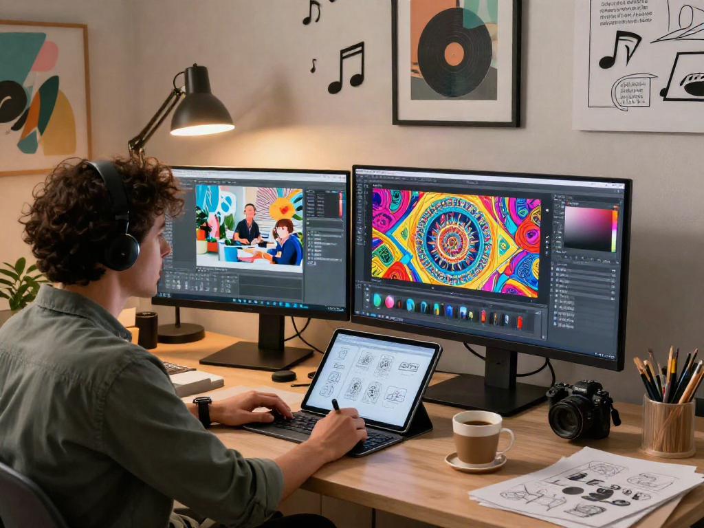 Dynamic digital workspace showcasing a porn ai generator in action, featuring advanced design tools and vibrant visuals.