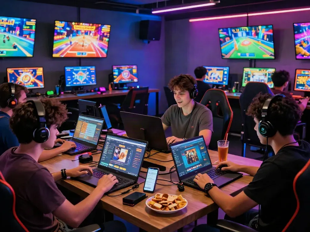 Players engaging in various online games at QQMacan in a vibrant gaming lounge.