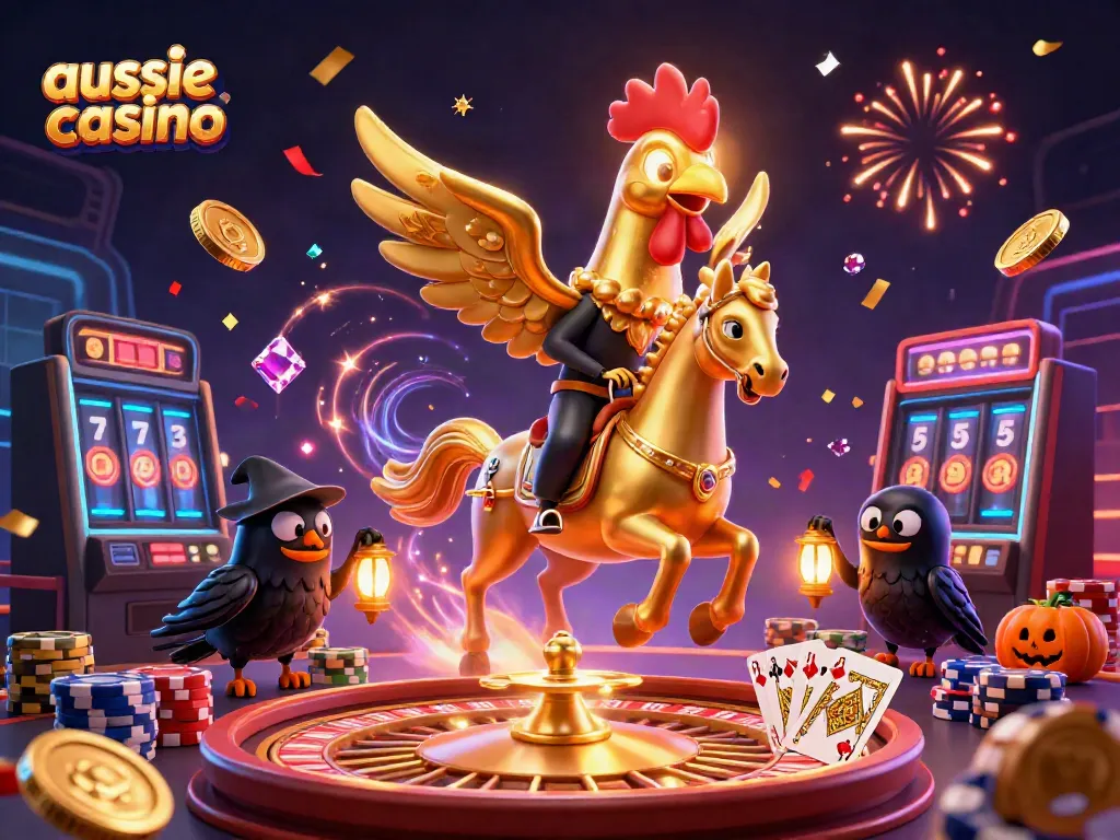 Aussie casino scene featuring a golden rooster riding through a casino with coins and game elements.