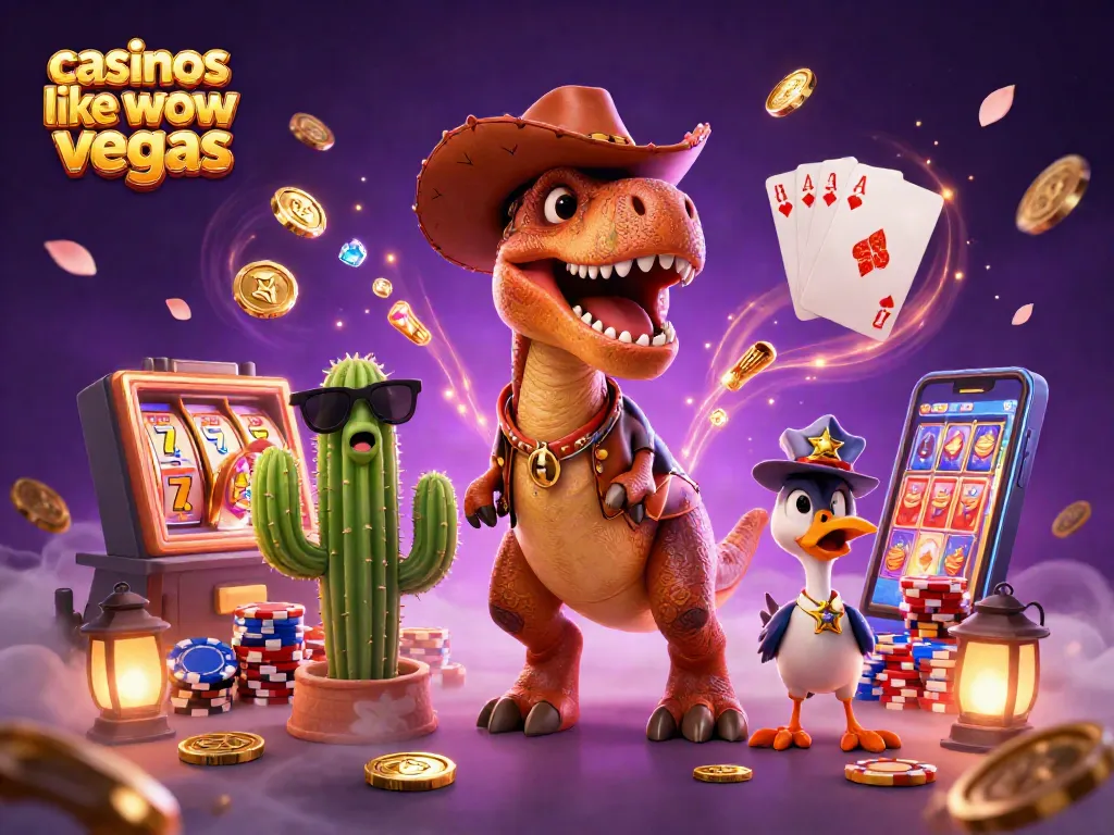 Play exciting games at casinos like wow vegas with a T-Rex, cactus, and roadrunner in a vibrant casino setting.
