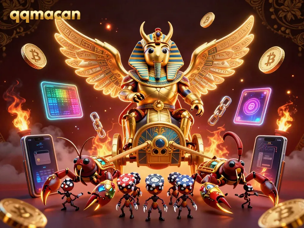 Experience the excitement of qqmacan with a golden scarab and scorpions in a vibrant casino scene.