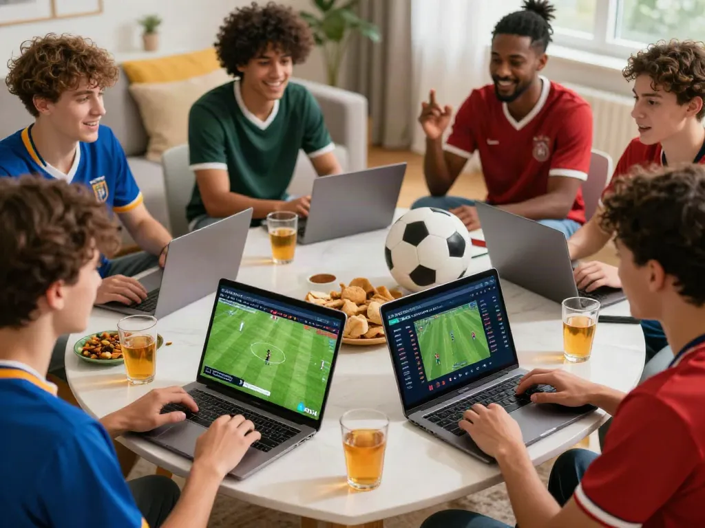 Engaged friends discussing WWBOLA strategies while watching soccer matches.