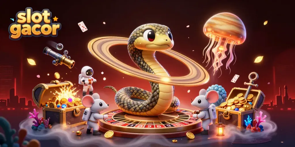 Menang di slot gacor dengan ilustrasi seru dikelilingi karakter dan elemen kasino.