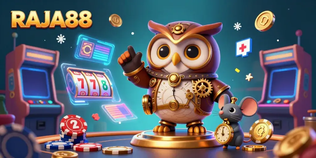 Permainan slot yang mendebarkan di RAJA88 dengan burung hantu dan tikus dalam suasana kasino futuristik.