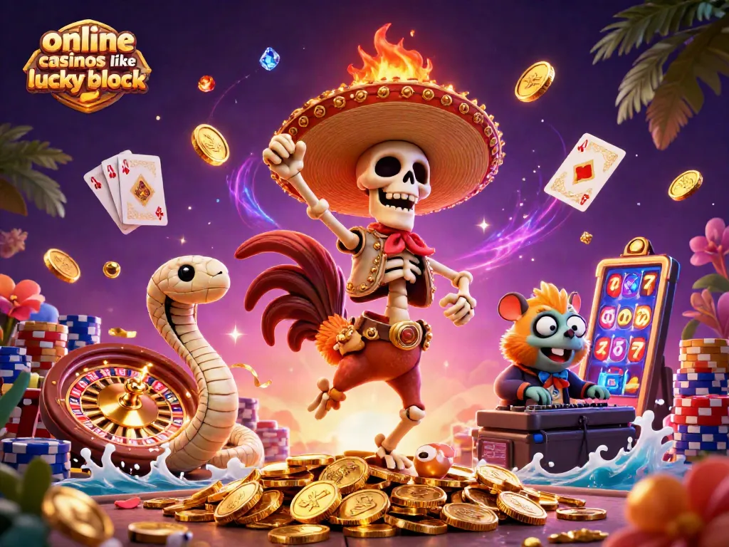 Join the fun at online casinos like Lucky Block, where dynamic characters celebrate with coins and games.