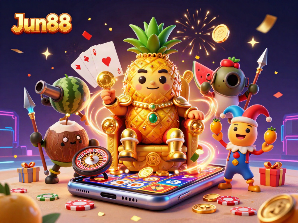 Experience thrilling gaming with Jun88 in this vibrant 3D casino illustration featuring dynamic characters and slot action.