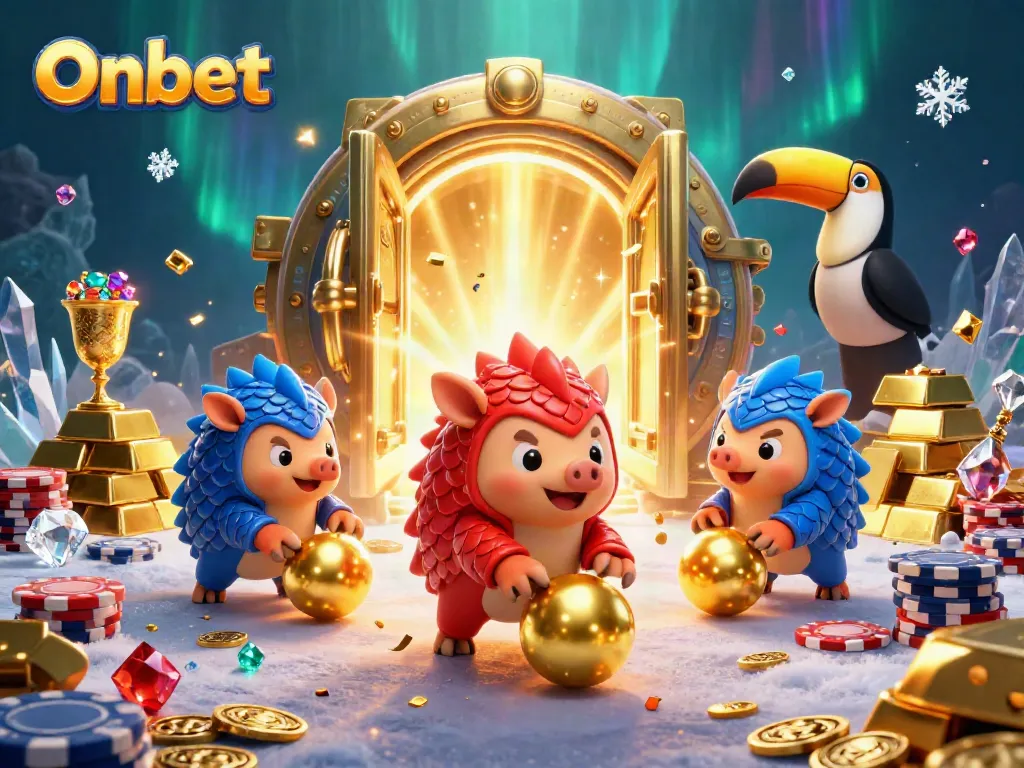 Onbet casino illustration featuring cartoon pangolins and a toucan referee amidst gold treasures.