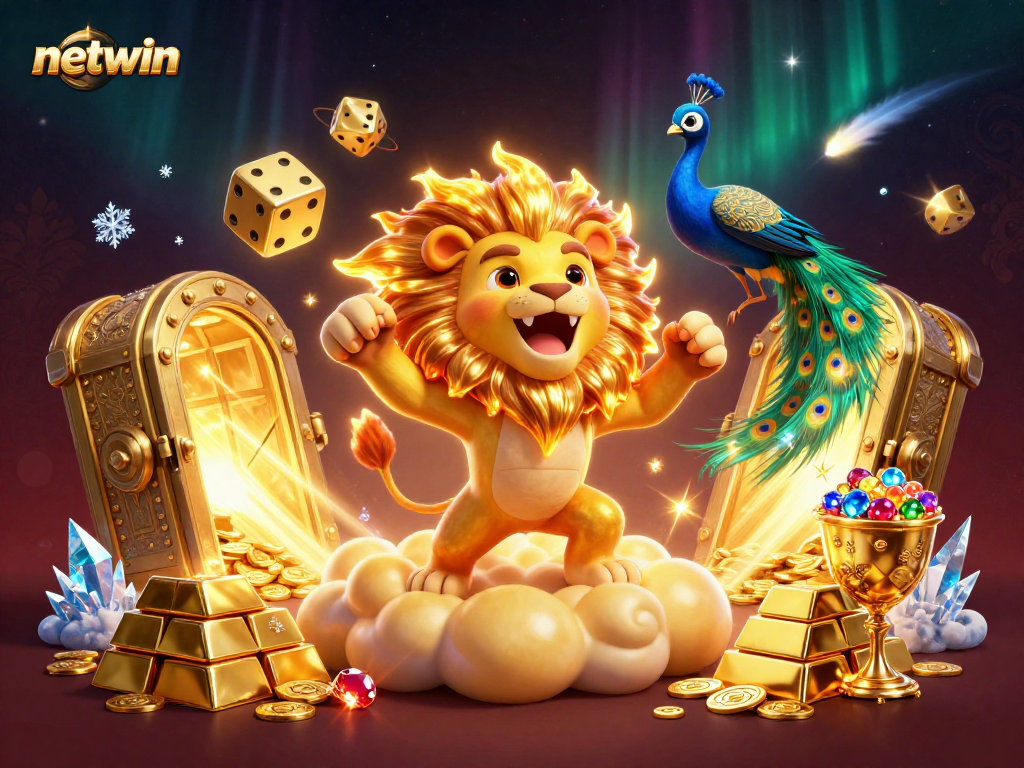 Win big at netwin with the roaring sun lion and golden treasures in this vibrant casino illustration.