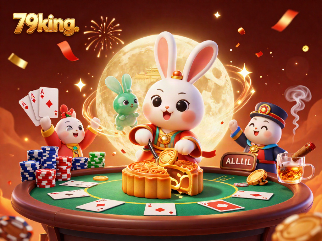 Experience casino excitement with 79king. featuring a moon rabbit themed poker scene packed with vibrant elements.