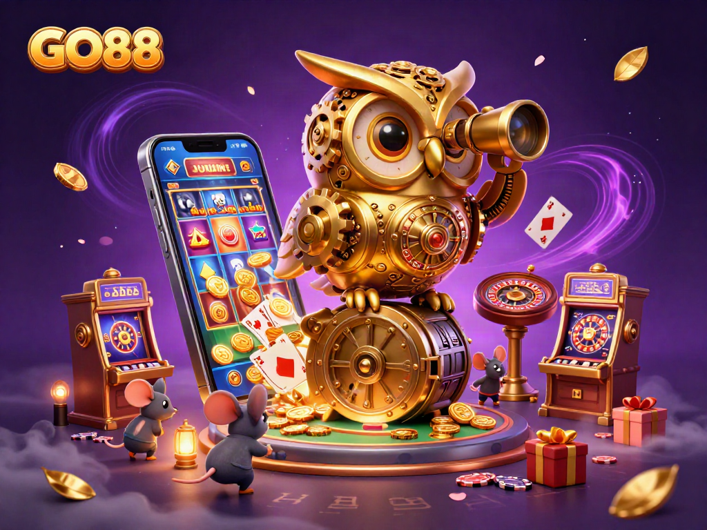 Engage with GO88's thrilling gaming scene featuring a golden owl scanning the casino floor.