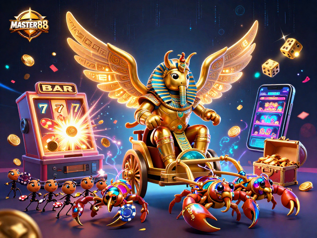 Engage with MASTER188's dynamic gaming scene featuring a golden scarab chariot amidst slot machines and casino excitement.