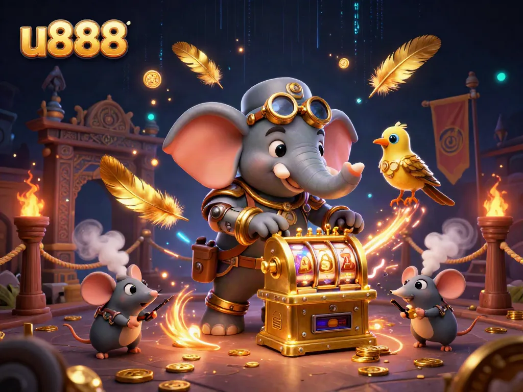 Win big at u888 with dynamic casino-themed 3D artwork featuring an elephant engineer
