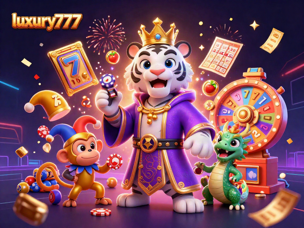 Menangkan permainan kasino dengan luxury777, kucing putih mega bertakhta mengelilingi elemen slot menggembirakan.