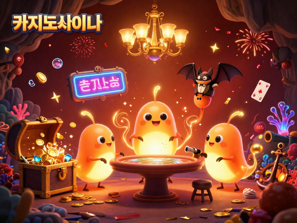 카지노사이트에서 특별한 조명을 받으며, 고유한 요소들로 가득한 동적인 배경을 강렬하게 표현한 일러스트