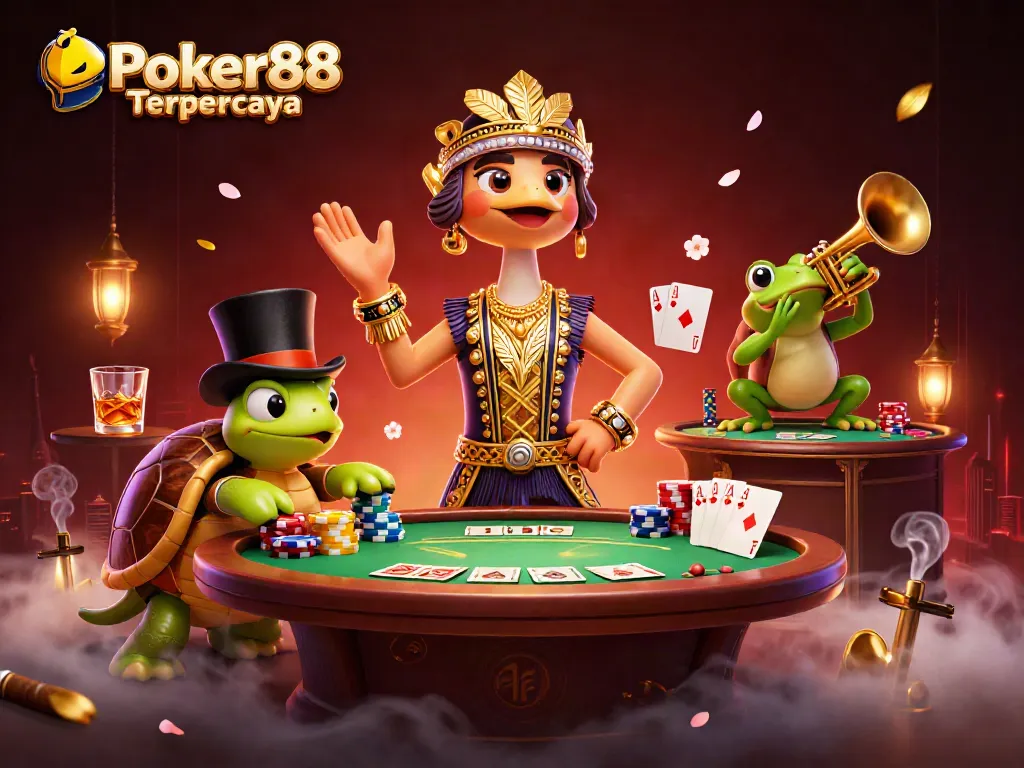 Experience Poker88 Terpercaya with a vibrant poker scene featuring animated characters and casino elements.