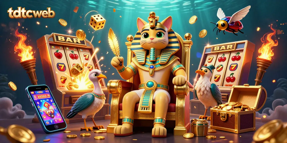 Play exciting casino games on tdtc web with vibrant illustrations of slots, treasure, and unique characters.