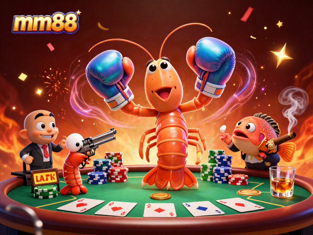 Engage in thrilling card games with mm88 as a mantis shrimp and friends cheer on a poker showdown.