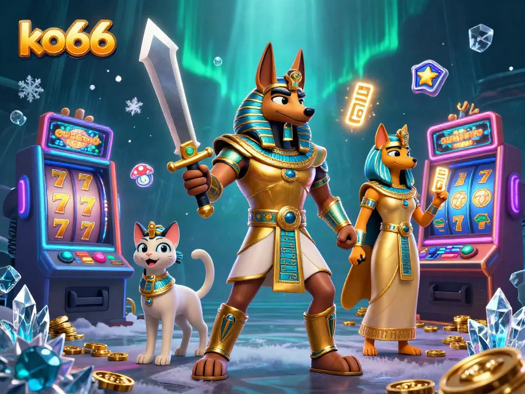 Experience thrilling wins at ko66 with Anubis and Bastet amidst vibrant slot machines.