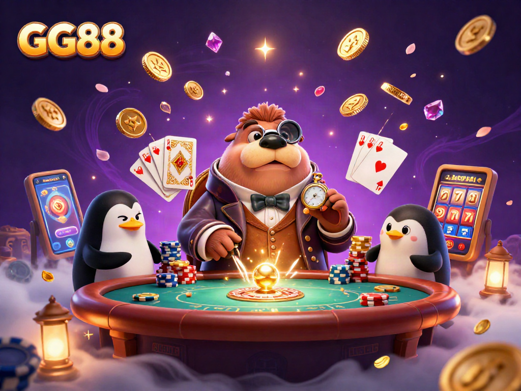 Experience the excitement of GG88's underwater casino battle with jolly walrus and bluffing penguin dealer.