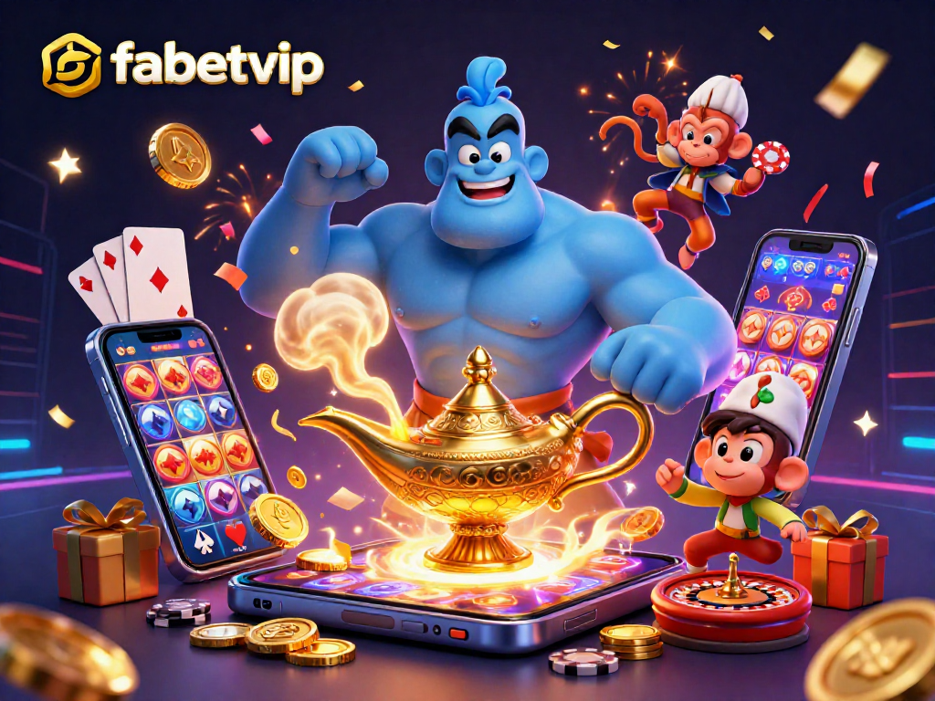 Fabetvip showcases thrilling casino excitement with a blue genie and monkey amidst vibrant slots and poker chips.