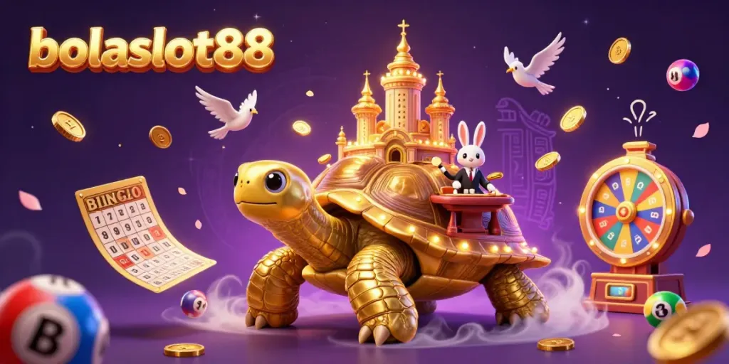 Experience the excitement of bolaslot88 with a vibrant 3D illustration showcasing a golden tortoise casino and dynamic game elements.